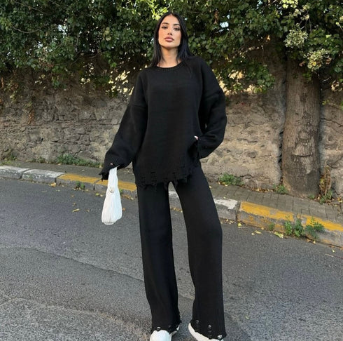 WOMEN KNITTED DISTRESSED CO-ORD SET - BLACK